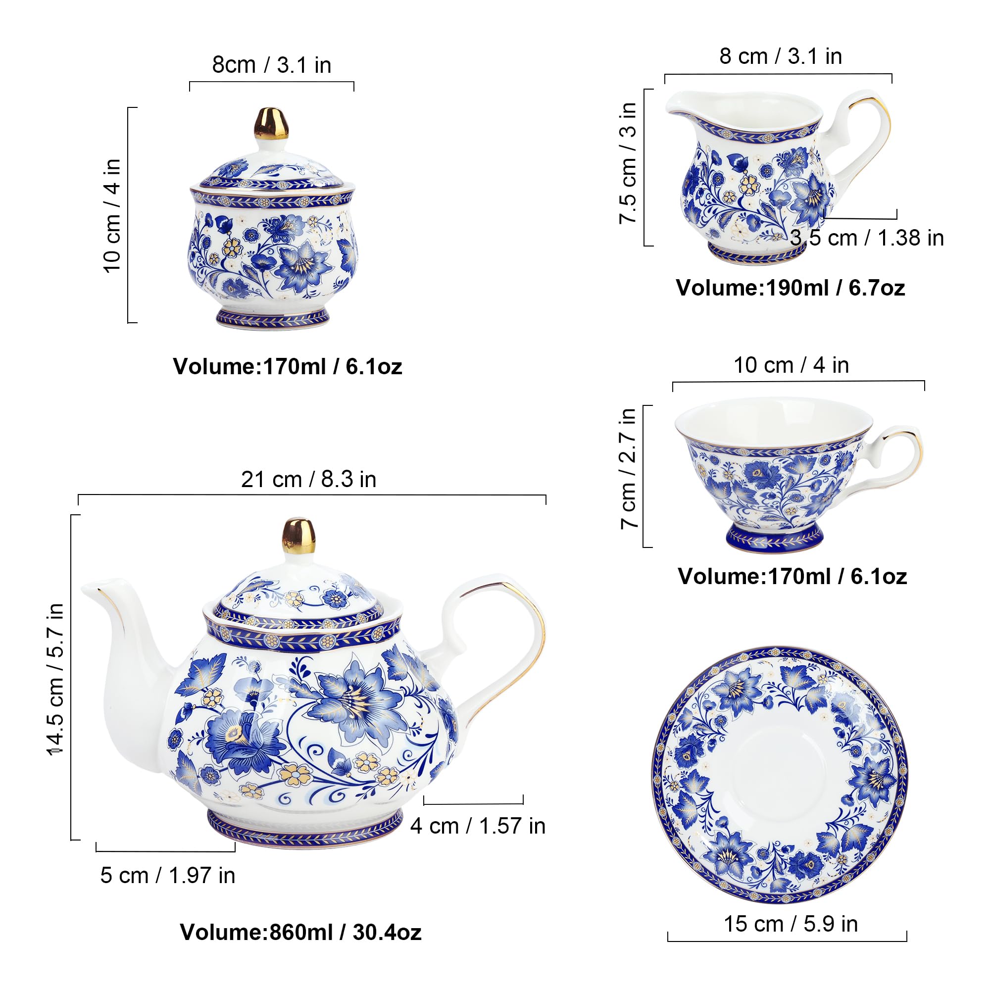 Tazas de té de porcelana azul Fanquare con borde dorado