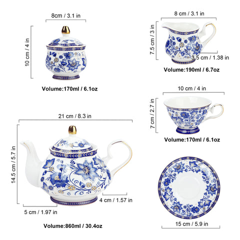 Tazas de té de porcelana azul Fanquare con borde dorado