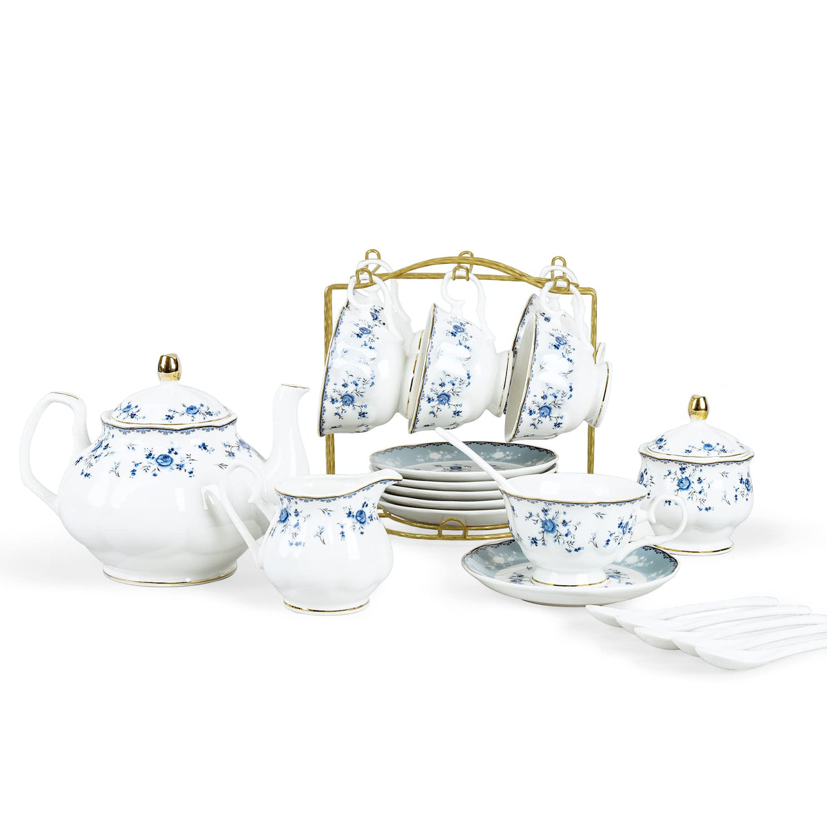 Fanquare tetera de porcelana azul con rosas, perfecta para una reunión de té elegante