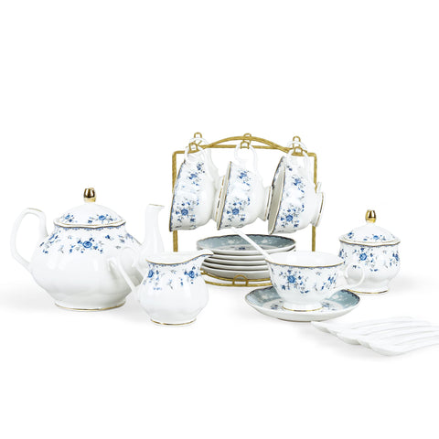 Fanquare tetera de porcelana azul con rosas, perfecta para una reunión de té elegante