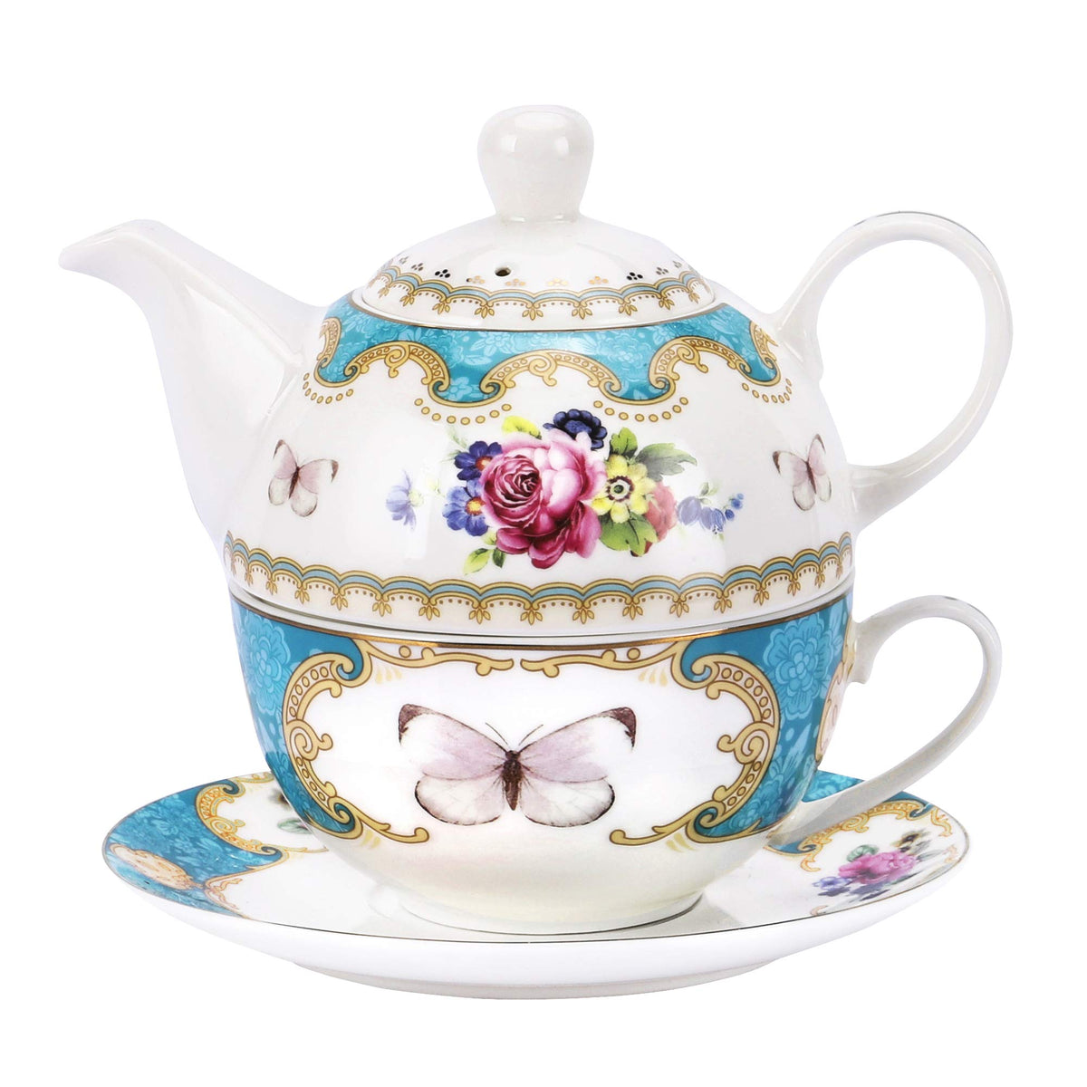 Fanquare tetera de porcelana azul para una persona, ideal para disfrutar té caliente.