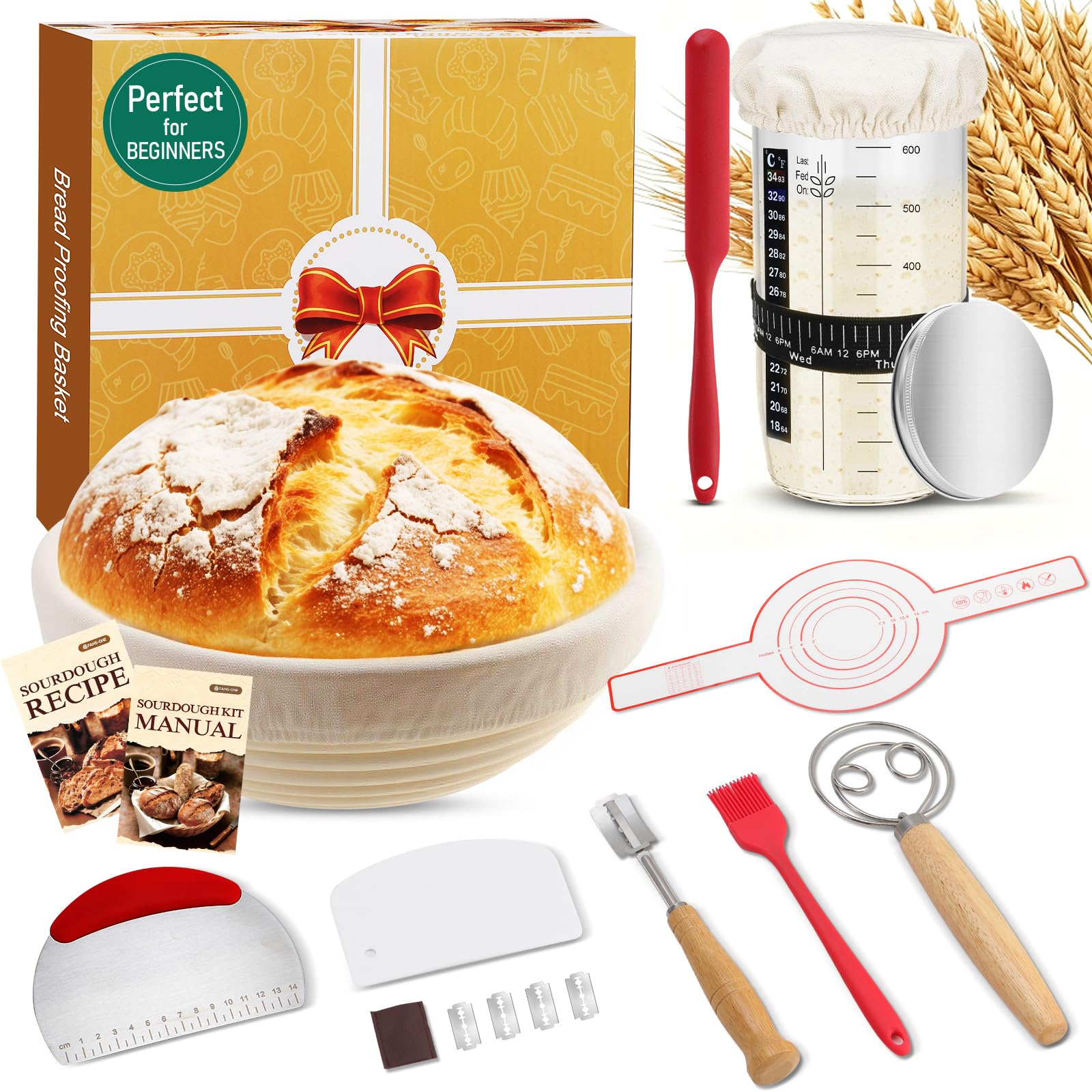 FANS-ONE kit completo masa madre con cesta de 9 pulgadas para horneado casero