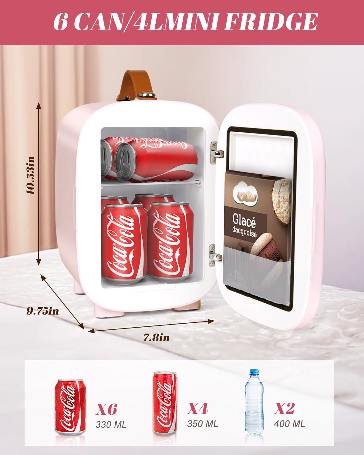 FANSEXPERT mini nevera rosa, ideal para coche, escritorio y viajes.