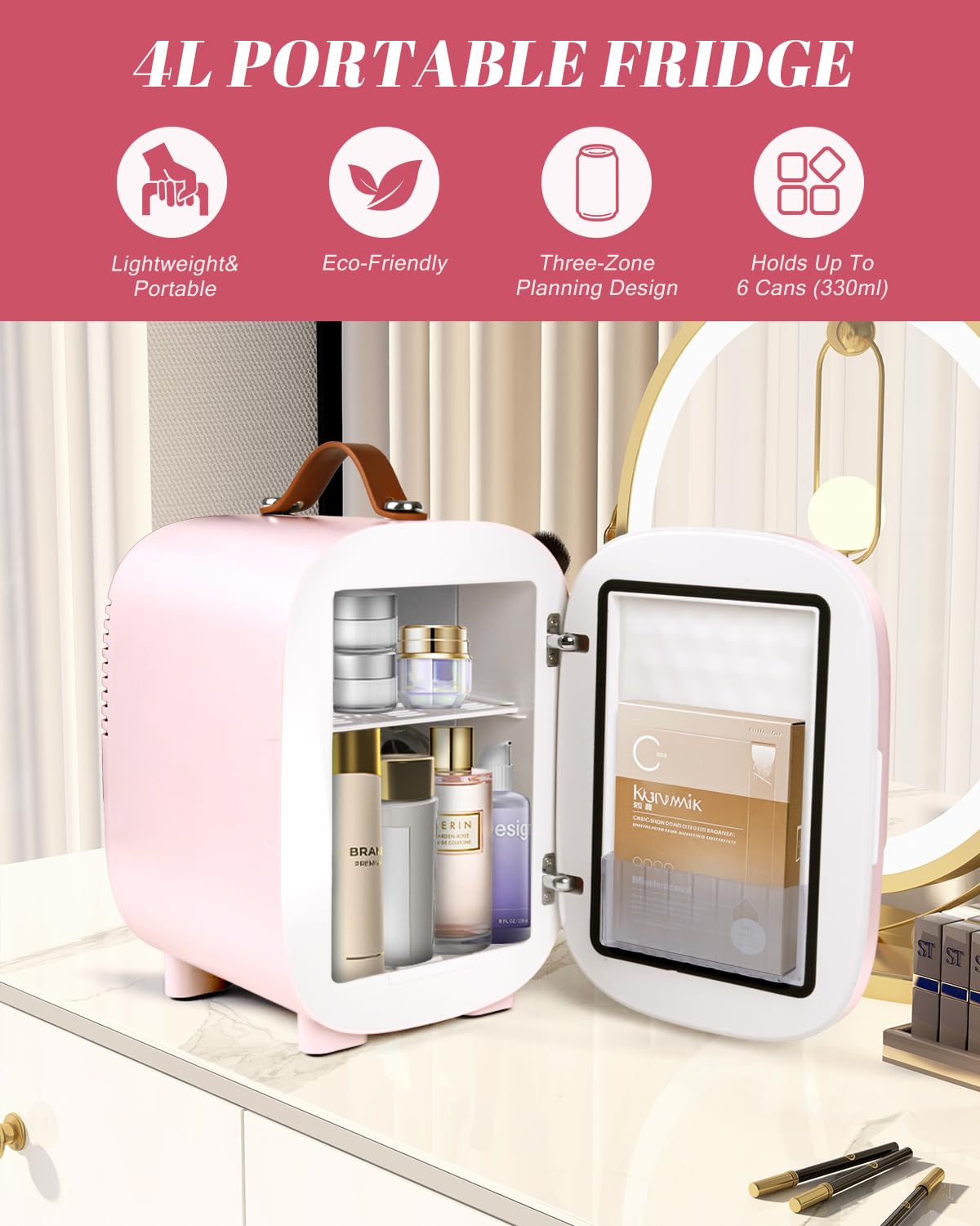 FANSEXPERT mini nevera con espejo LED, puerta iluminada para maquillaje y cuidado de la piel.