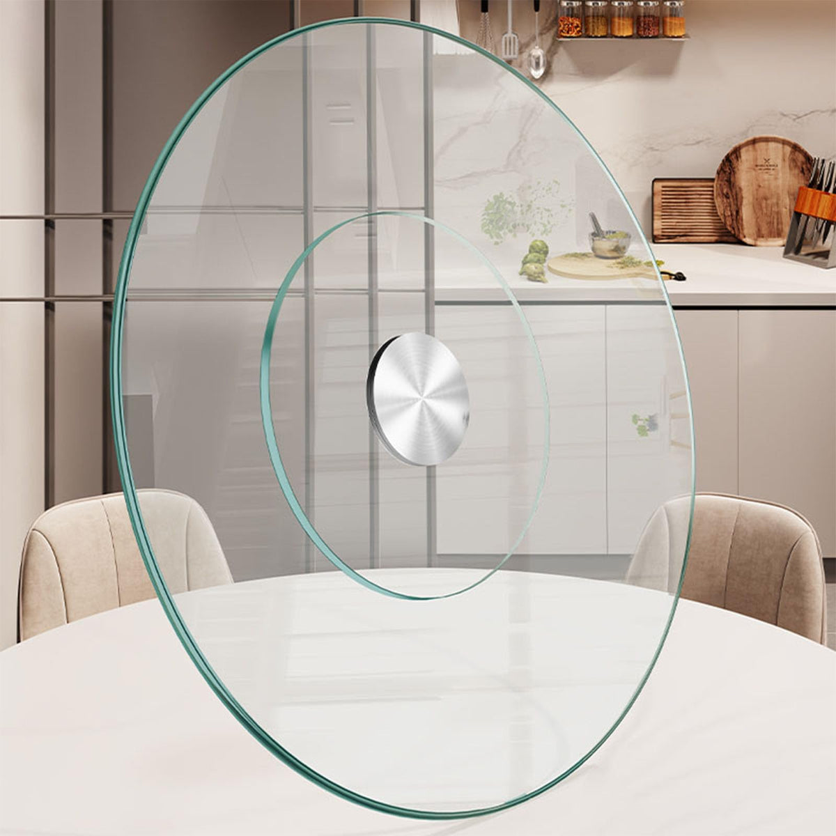 Fansile bandeja giratoria, superficie de vidrio templado, ideal para servir en la mesa.