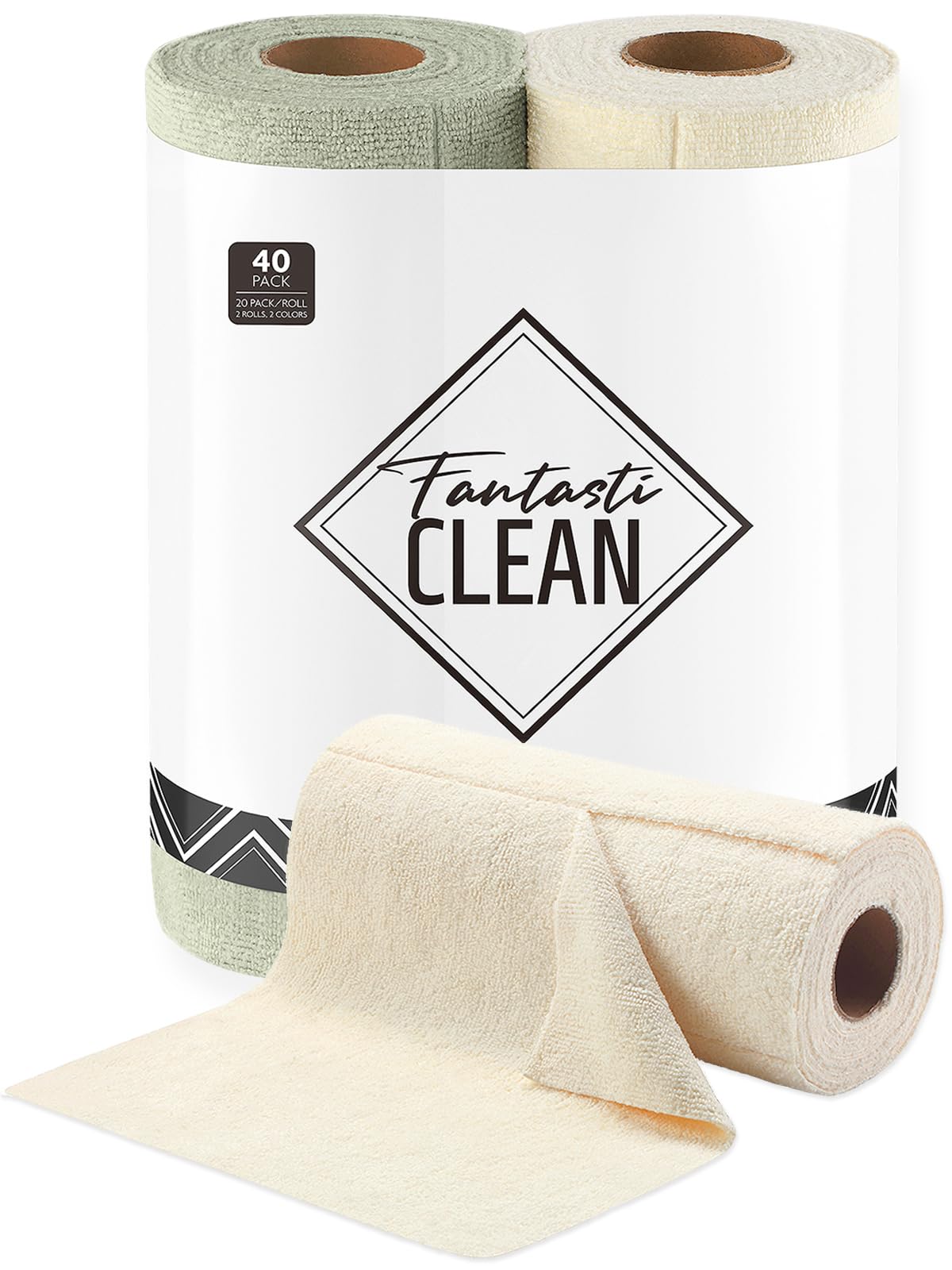 Fantasticlean rollos de microfibra beige y verde musgo, ideal para limpiezas rápidas.