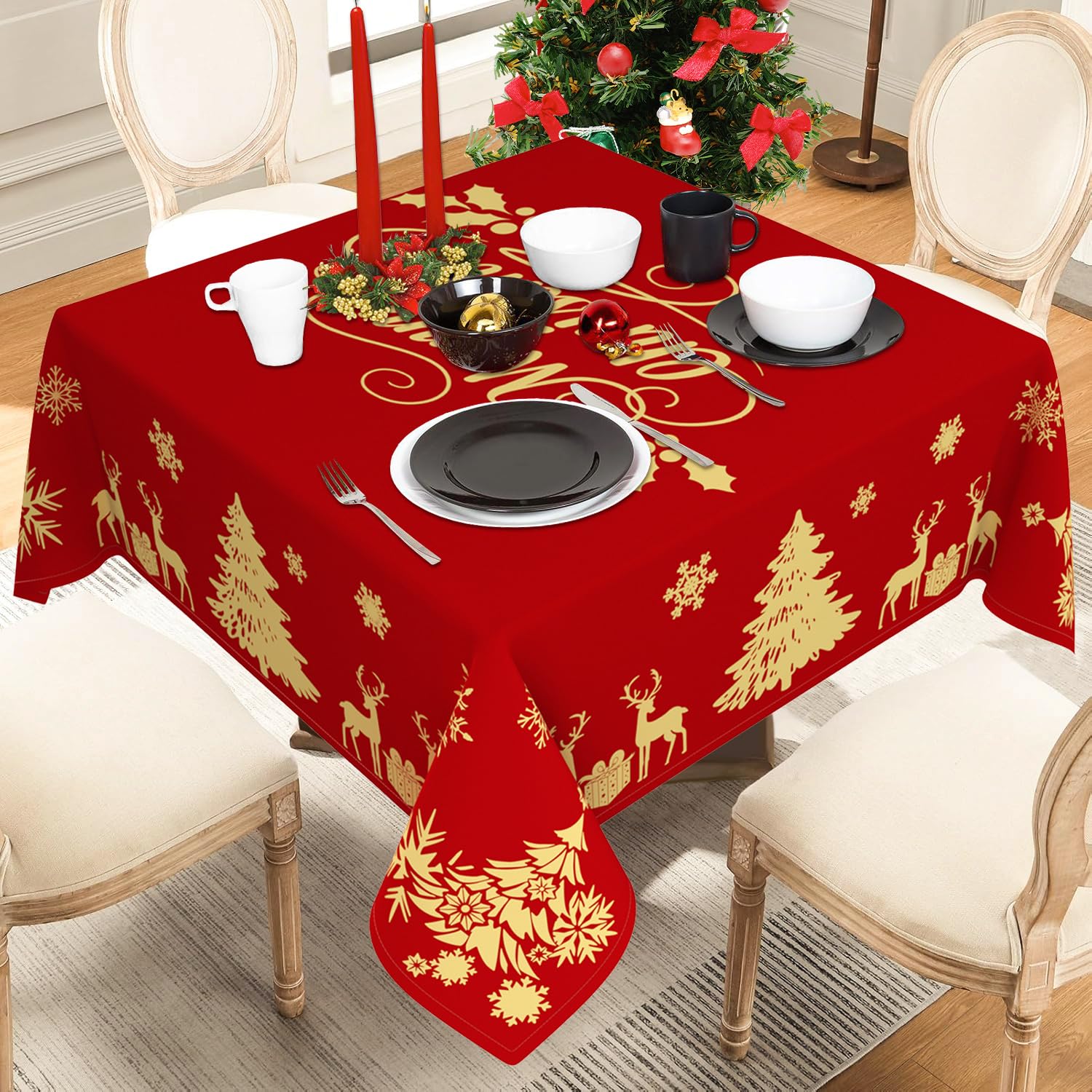 Mantel Faptoena navideño rojo con ciervo dorado y árbol para lucir elegante.