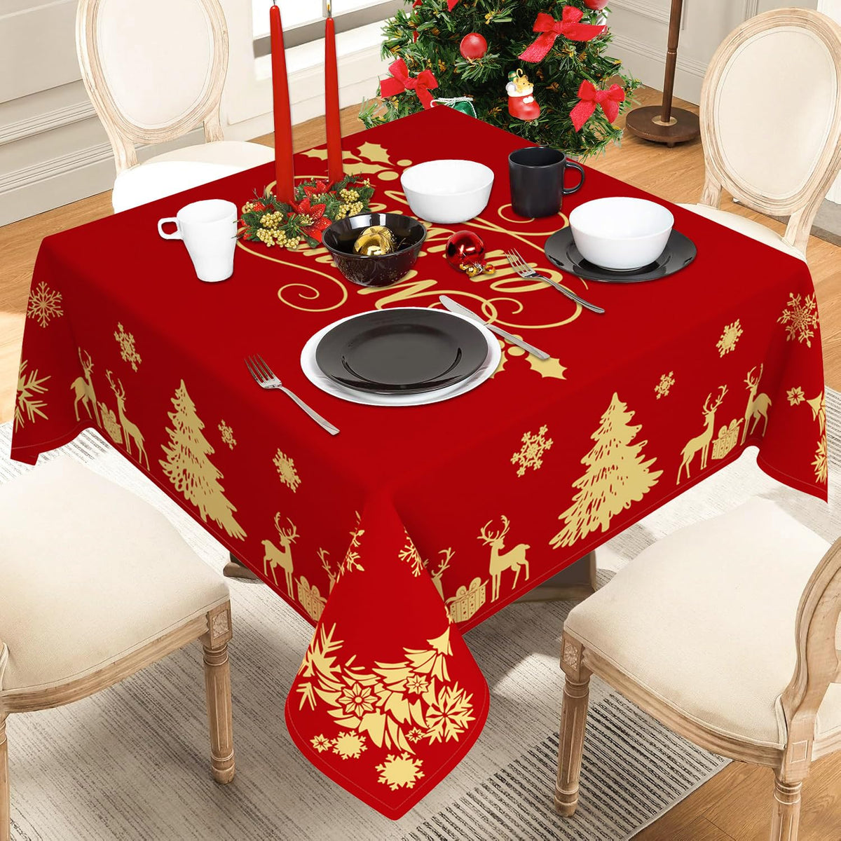 Mantel Faptoena navideño rojo con ciervo dorado y árbol para lucir elegante.