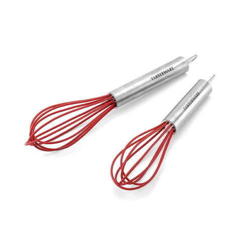 Farberware batidores mini silicona rojos, mango cómodo, ideal para batir huevos y salsas pequeñas.