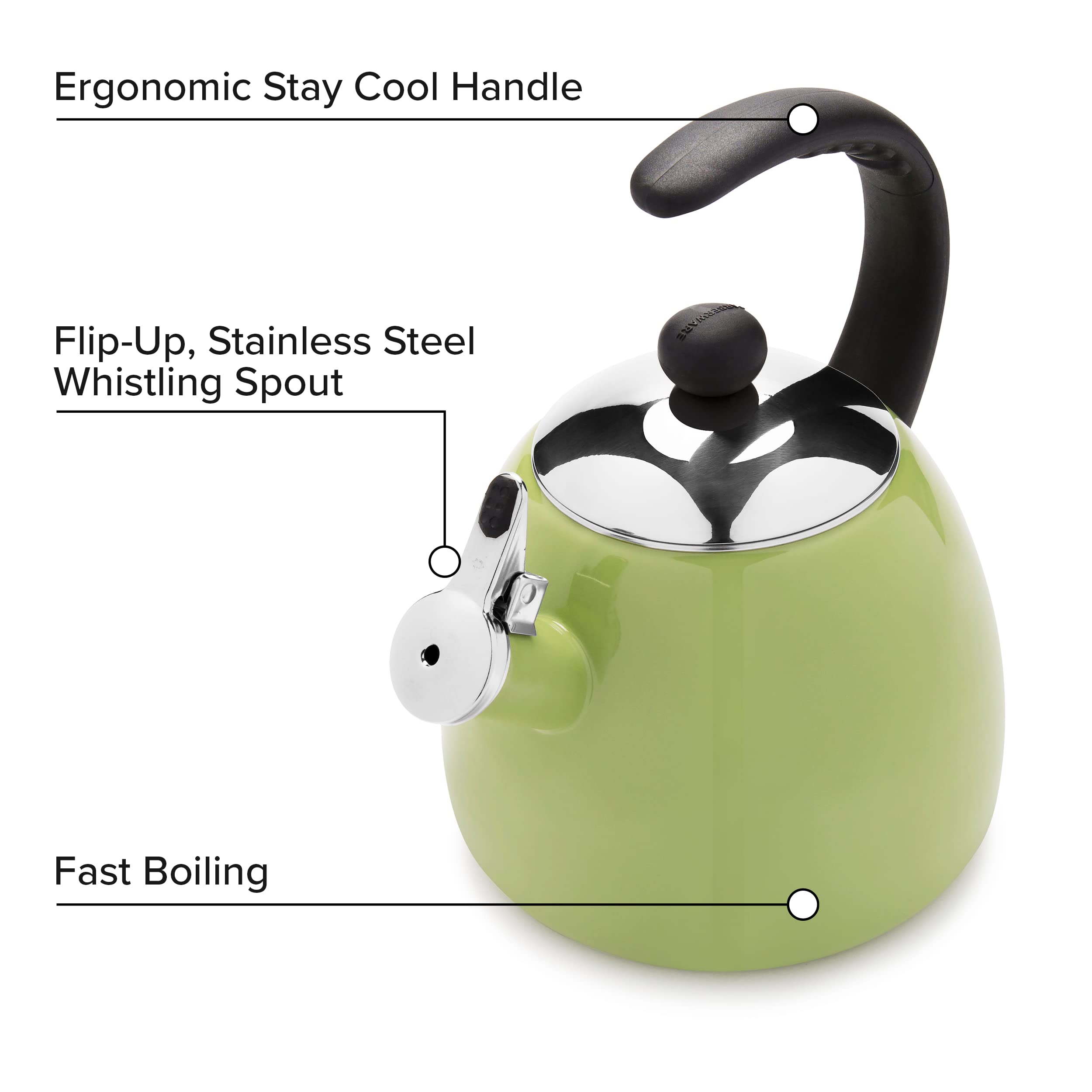 Farberware Dome Tetera: mango aislante al calor para verter con seguridad.