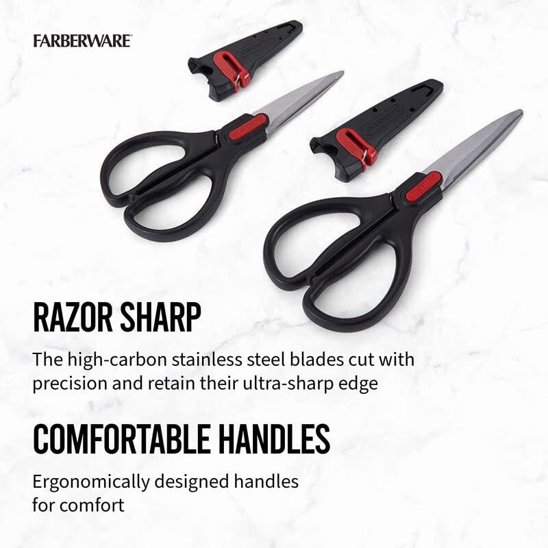 Tijeras Farberware en funda protectora para almacenamiento seguro.