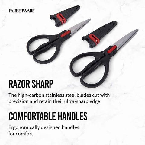 Tijeras Farberware en funda protectora para almacenamiento seguro.