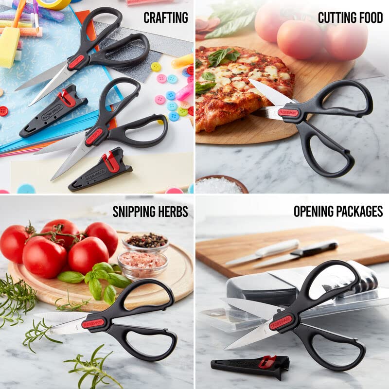 Tijeras Farberware cortando paquetes con mango ergonómico.