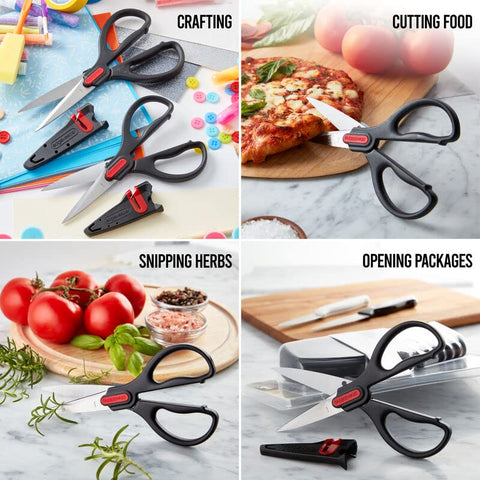 Tijeras Farberware cortando paquetes con mango ergonómico.