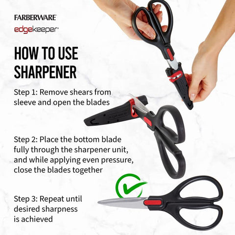 Tijeras Farberware para pizza en mano, filo listo para cortar.
