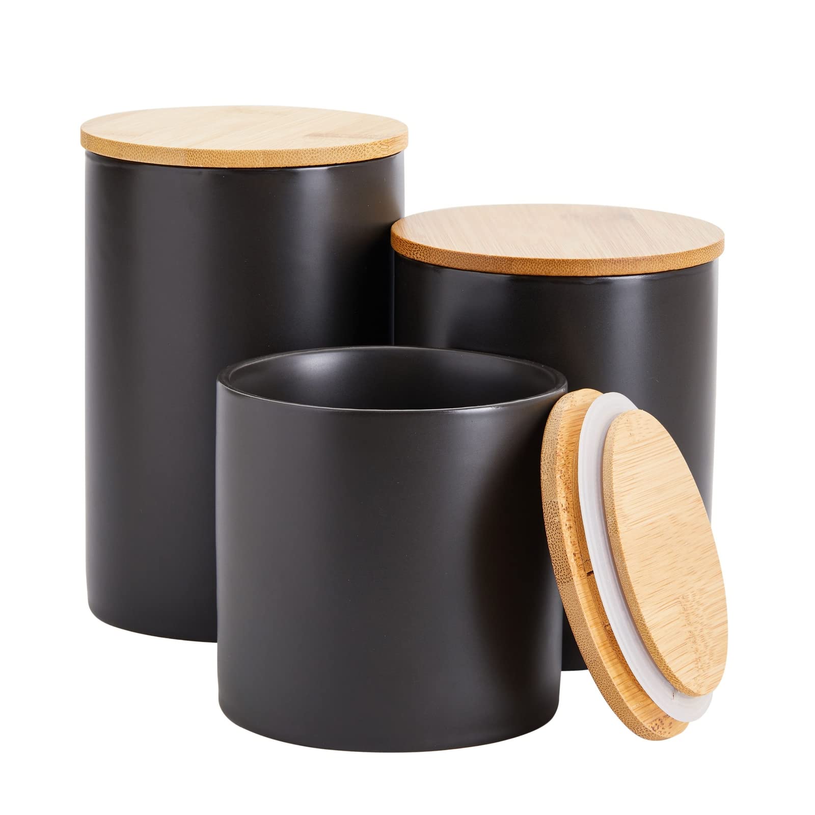 Farmlyn Creek conjunto de 3 botes cerámicos negro mate sobre encimera para organizar despensa con estilo.