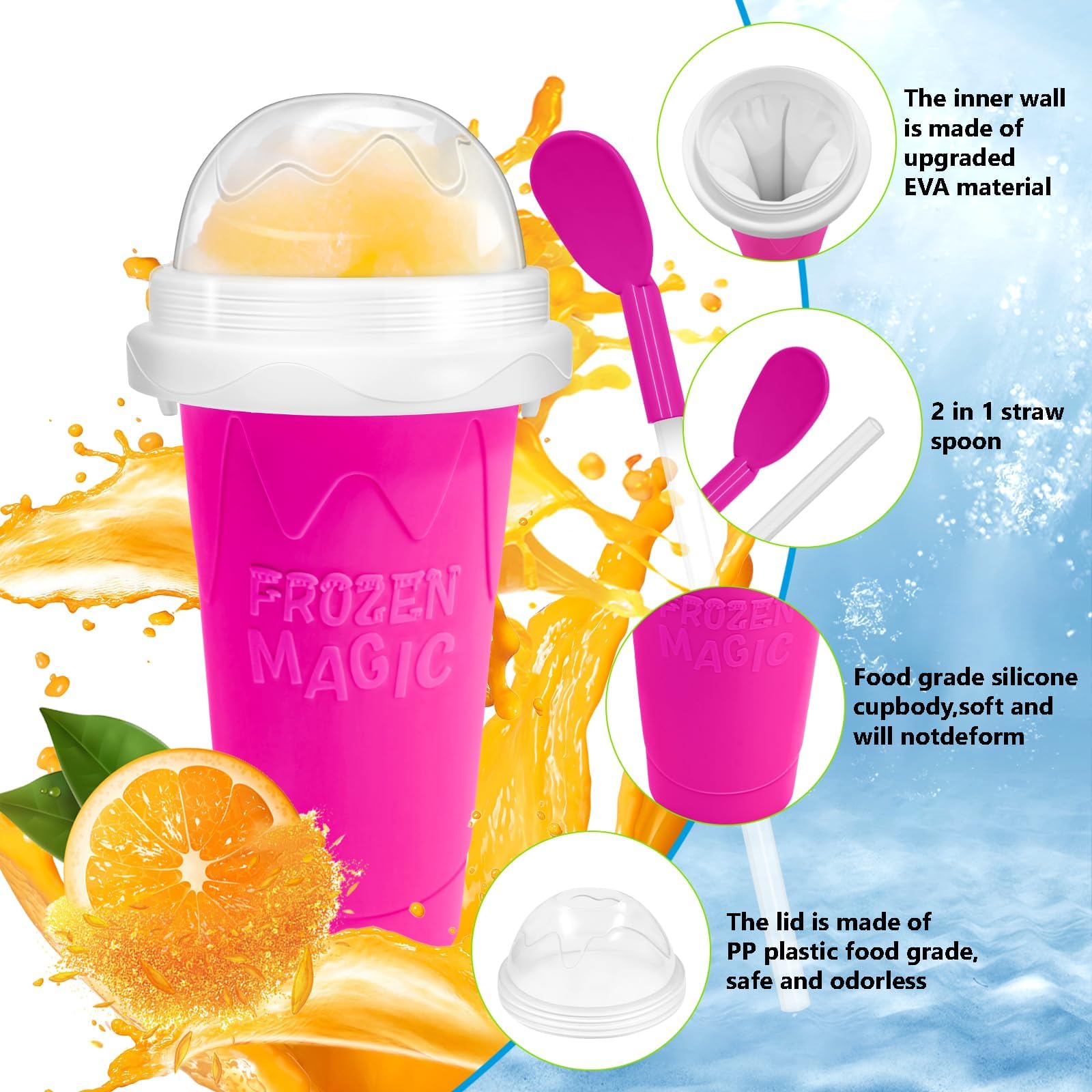 Detalle de silicona segura y diseño de FASIBULEI Slushie Cup, fácil limpieza.