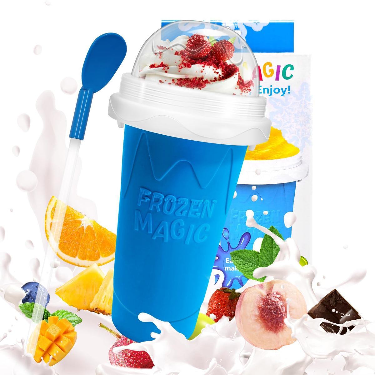 Fasibulei Slushie frontal: taza lista para bebidas frías sin electricidad.