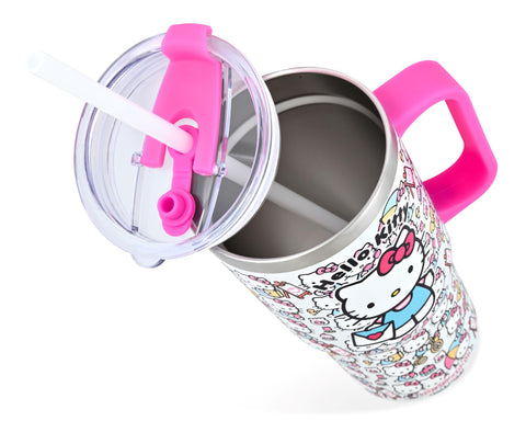 Detalle de diseño llamativo Hello Kitty en el termo para niños.