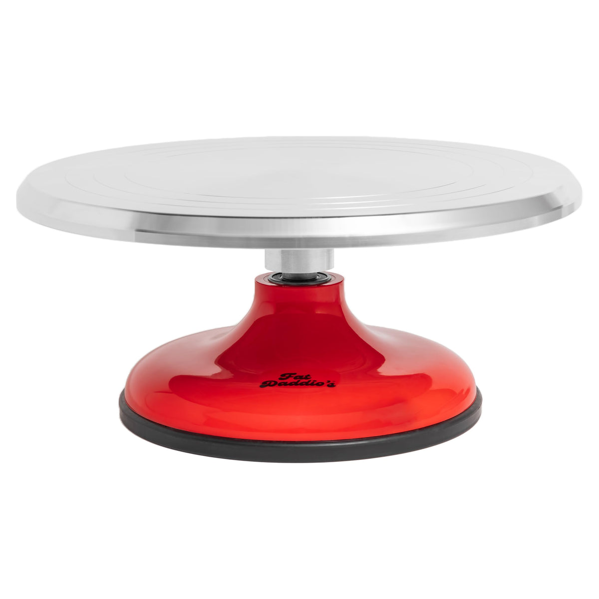 Base giratoria Fat Daddio's para tartas en rojo y plata con giro suave para decorar.