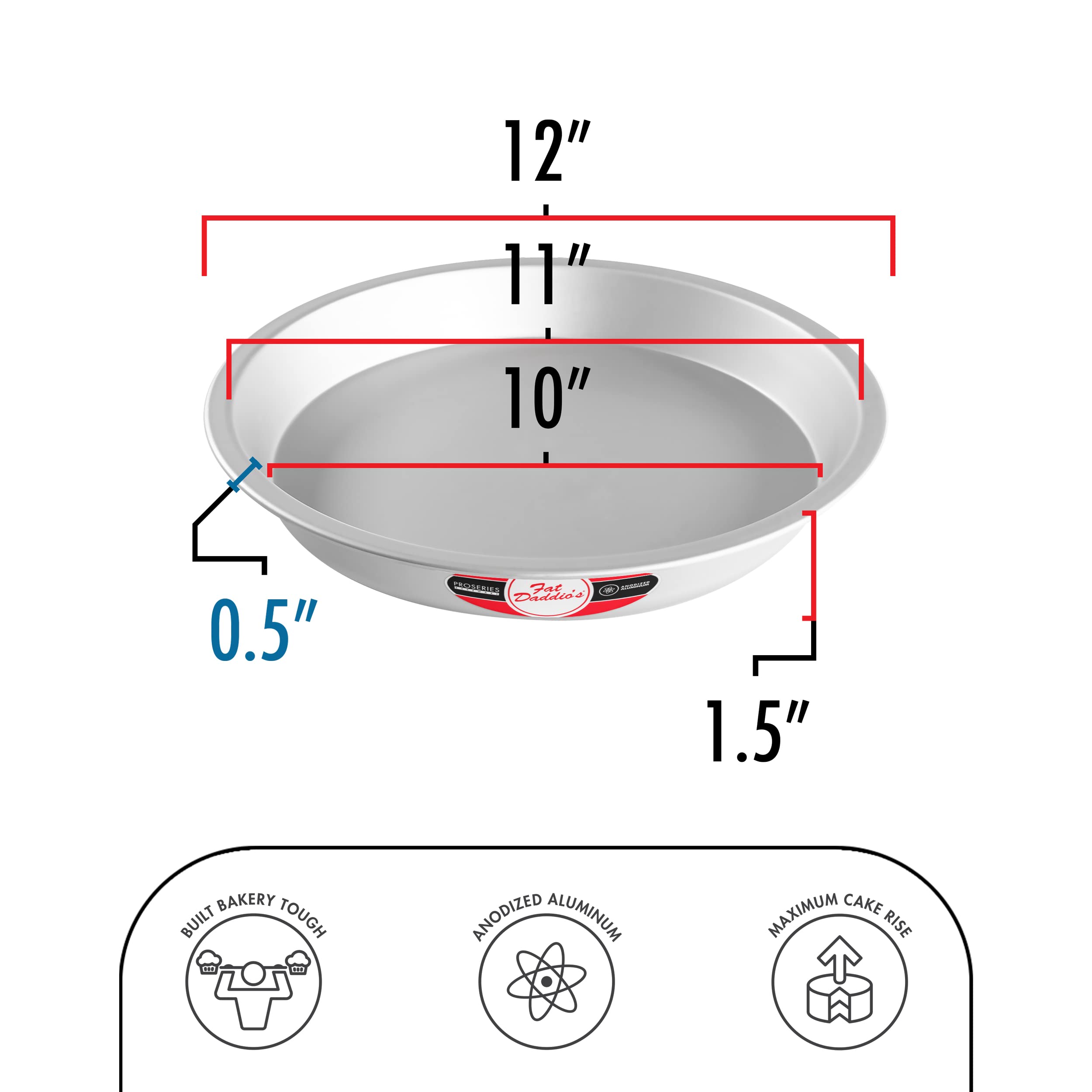 Fat Daddio's PIE-12 muestra dimensiones externas de 12 pulgadas para hornear estable.