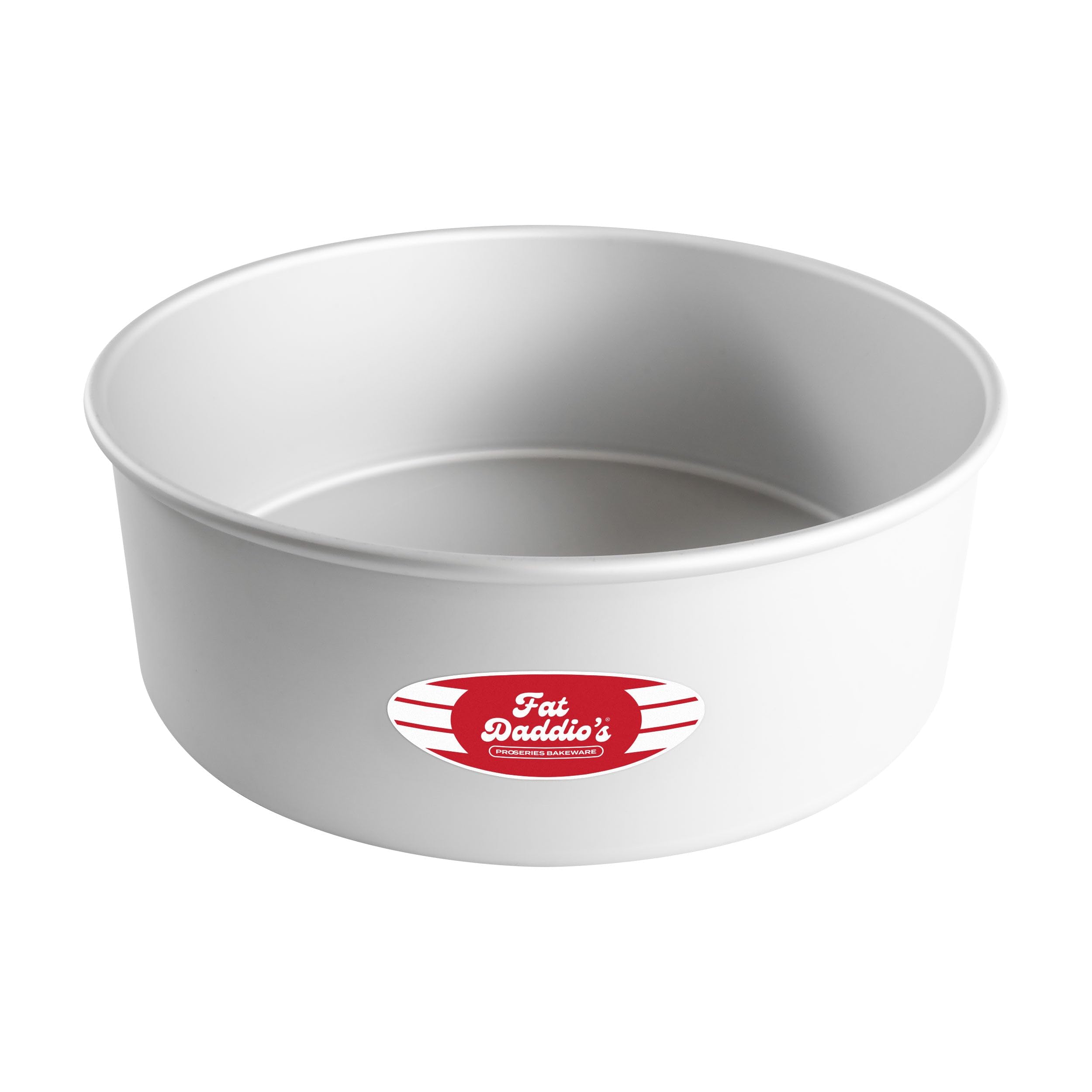 Fat Daddio's PRD-104, vista frontal, molde plateado para pasteles con cocción uniforme.