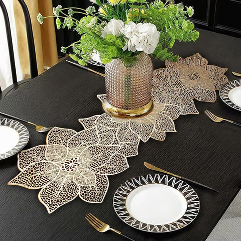 FAVE camino de mesa dorado con flor, ideal para bodas y banquetes.