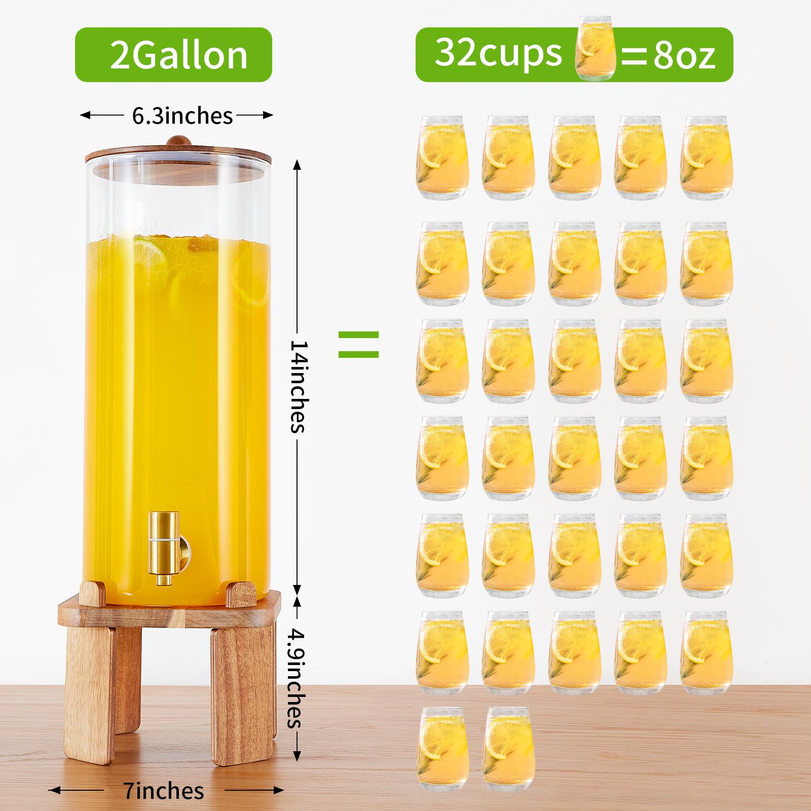 Dispensador de vidrio con grifo de acero inoxidable para un vertido limpio.