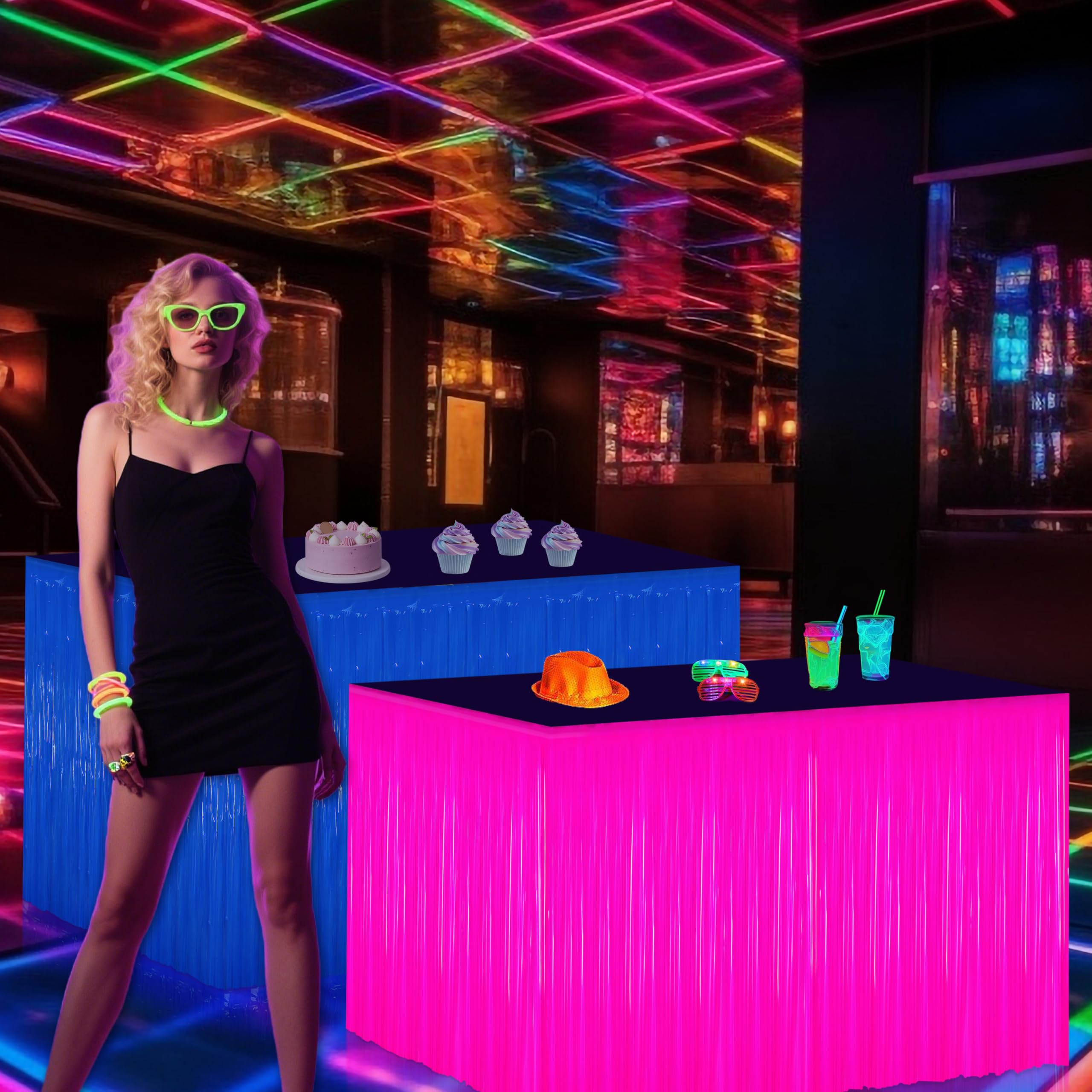 Cortinas neon Fayoo para mesa morado, ideales para fiestas de música electrónica y eventos con UV