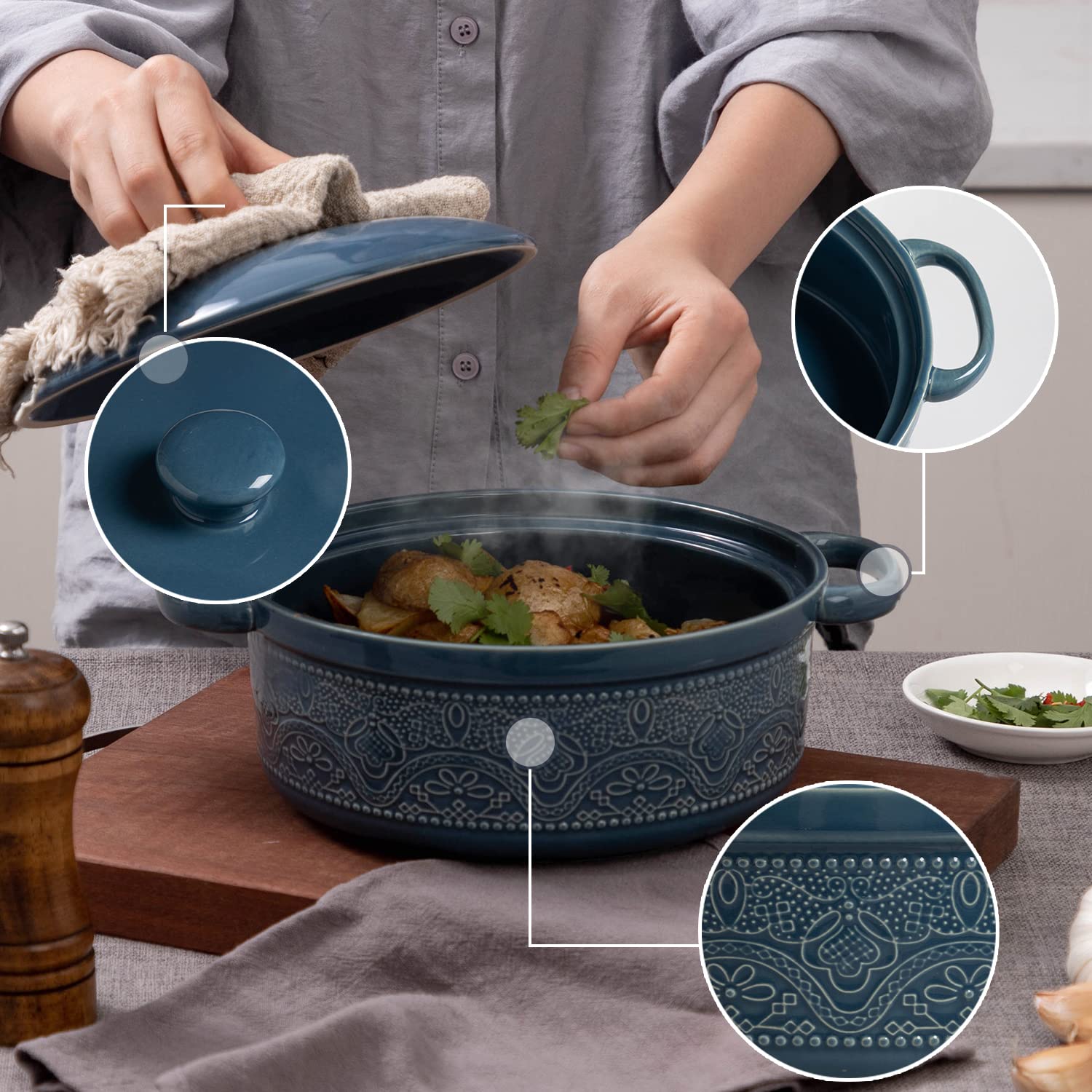 Cazuela FE FUN ELEMENTS con asas para transportar de la cocina a la mesa con facilidad.