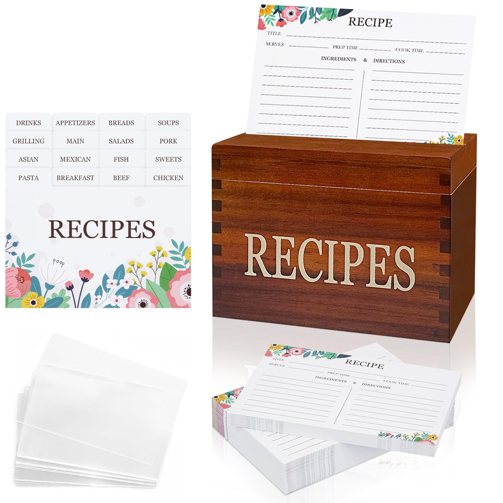 Feasteery caja de recetas de acacia, vista frontal, diseño elegante y práctico