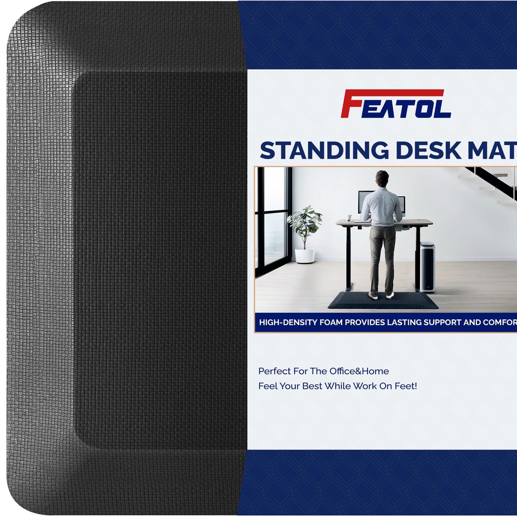 FEATOL alfombra anti-fatiga para escritorio, vista frontal, mayor comodidad durante largas horas