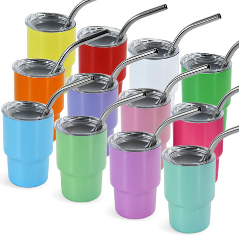 Vaso mini FECBK 3 onzas con acabado coloreado, ideal para fiestas y personalización.