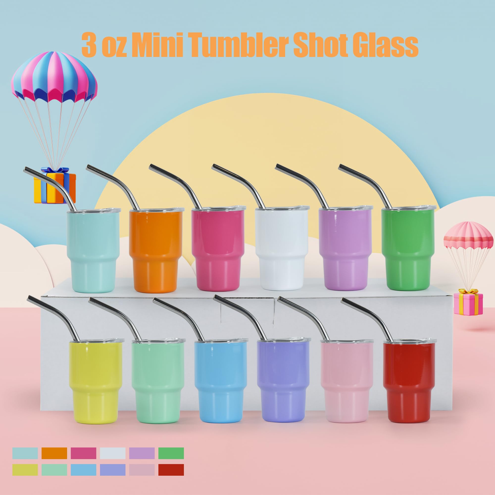 Conjunto de 12 vasos-shot FECBK con pajillas y tapas, perfecto para catering y fiestas.