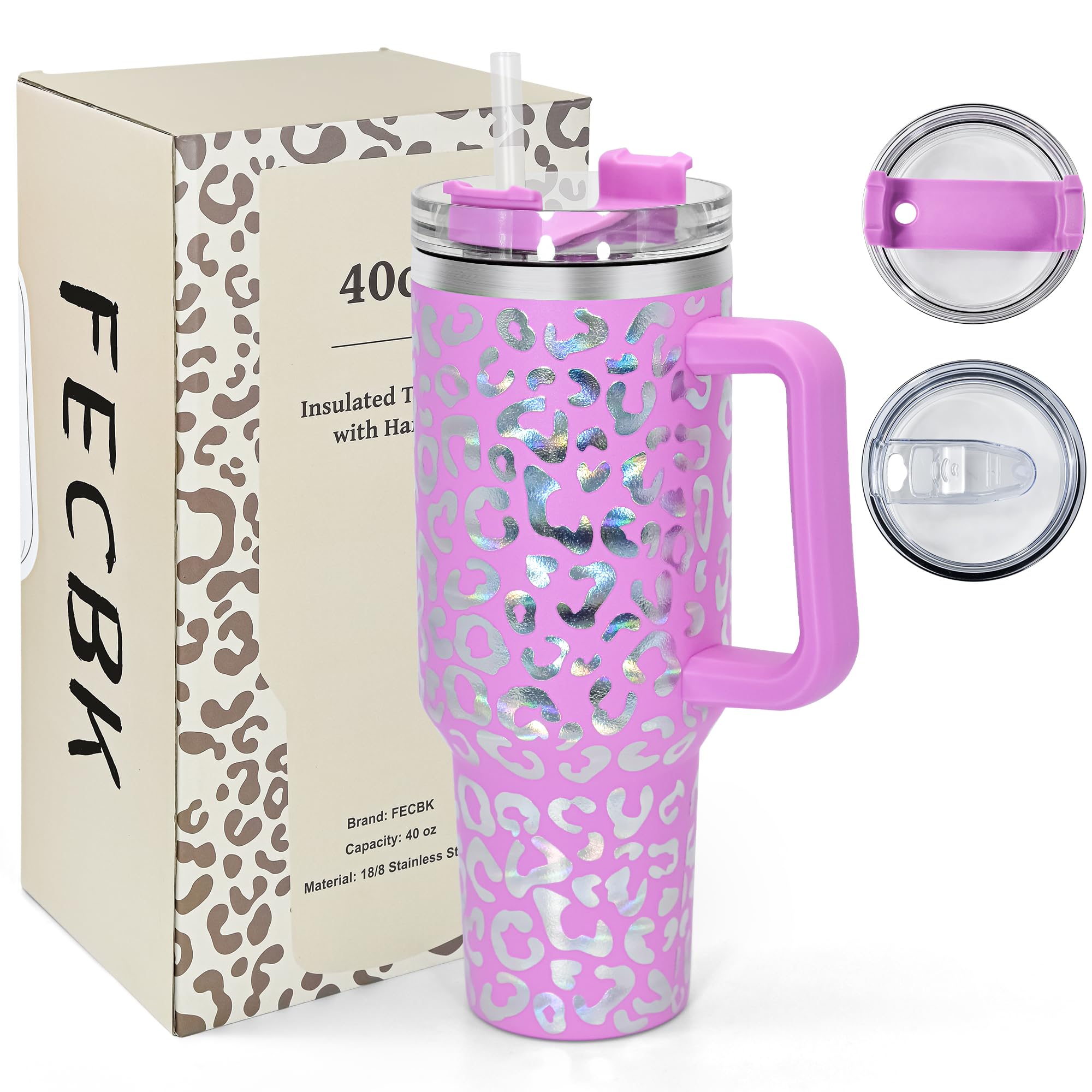 Vaso termo FECBK 40oz, asa y sorbo, Lavanda Rose Leopardo, práctico para diario