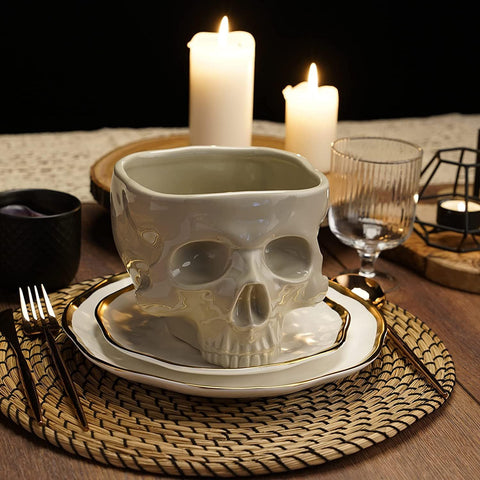 Fecheche cuenco calavera cerámica para comer: cuenco seguro para cereal y postres.