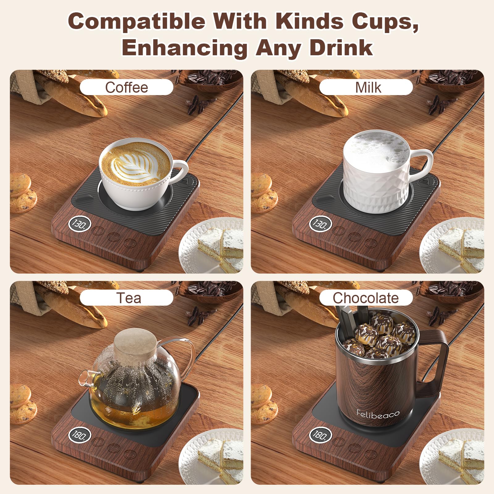 Amplia placa de calefacción compatible con tazas cerámicas, esmalte o acero.