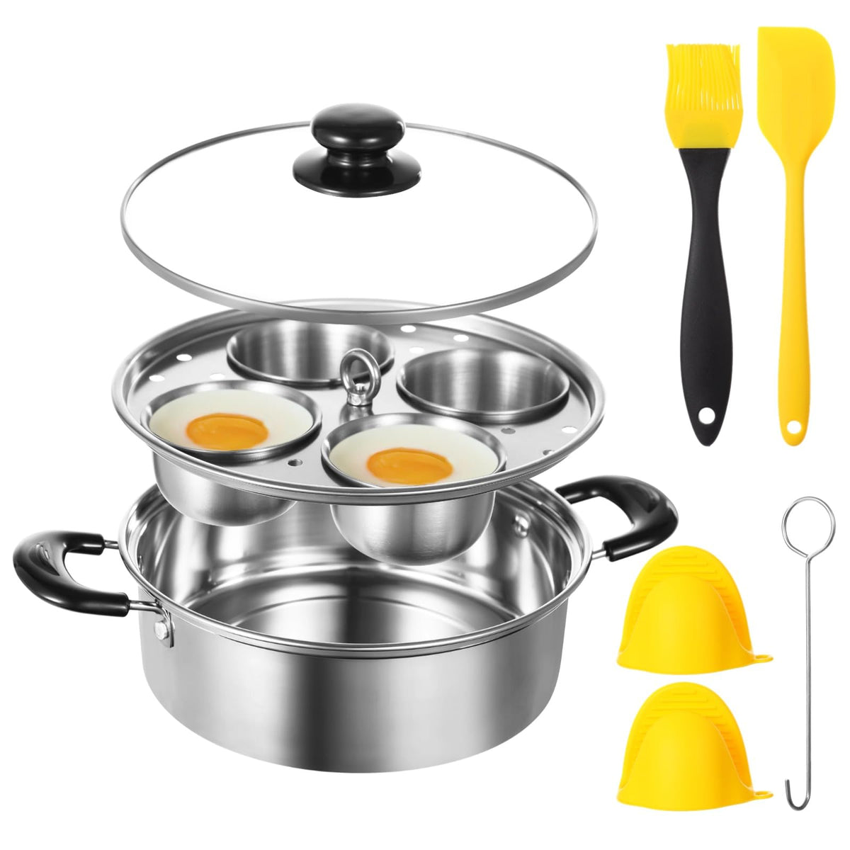 FELISTORY olla escalfador de huevos con cuatro cuencos, desayunos rápidos