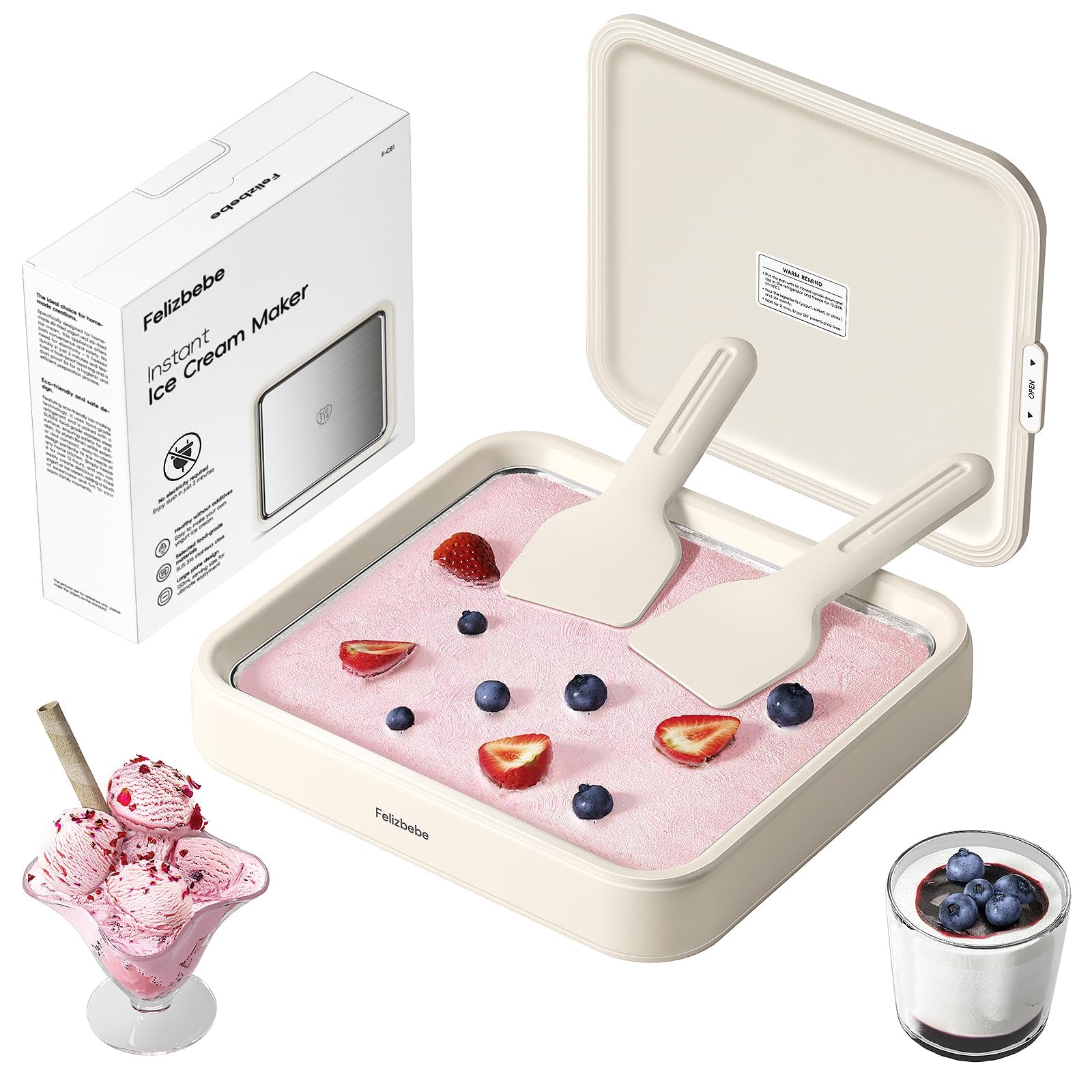 Felizbebe bandeja para helados enrollados, ideal para postres caseros rápidos.