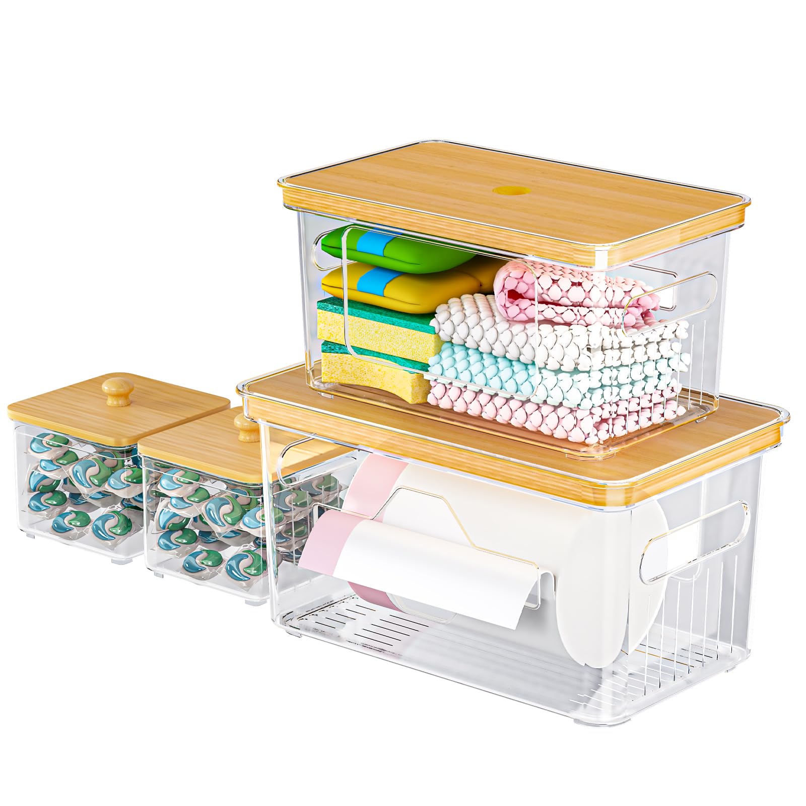 FELIZHOUSE Dispensador de bolsas con tapa de bambú, apilable, ideal bajo fregadero para cocina ordenada.