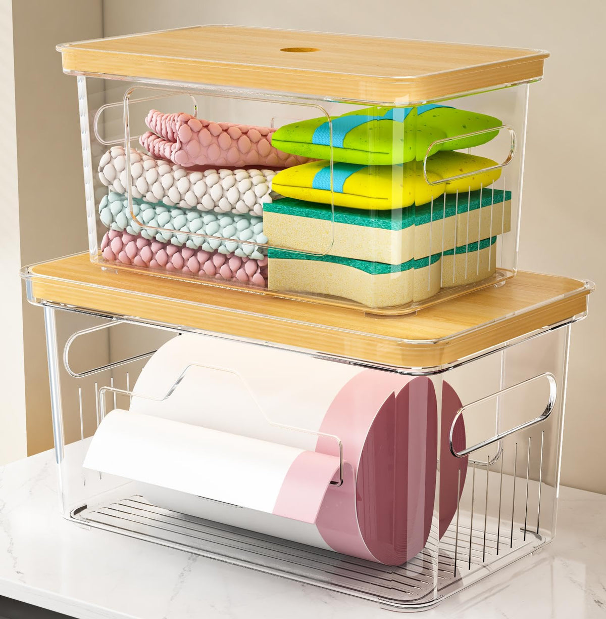 FELIZHOUSE porta-bolsas basura con tapa de bambú para cocina ordenada