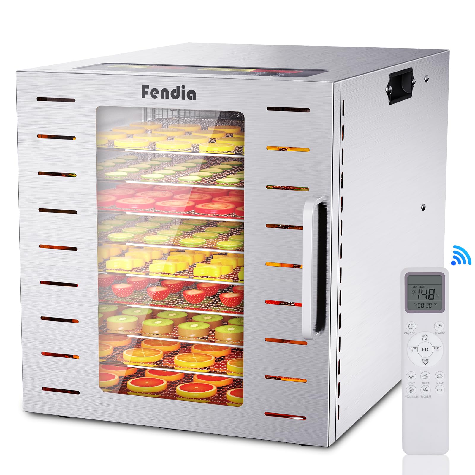 Fendia deshidratador de alimentos con 9 bandejas de acero inox, visto desde el frente, ideal para snacks caseros.