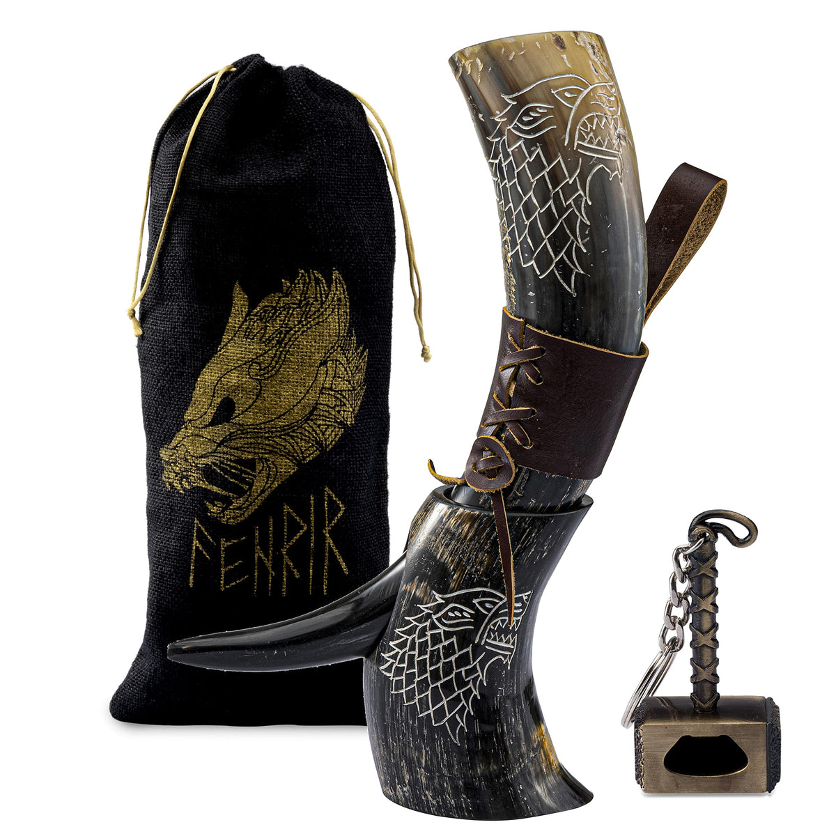 Fenrir cuerno vikingo 16oz con soporte para disfrutar cerveza