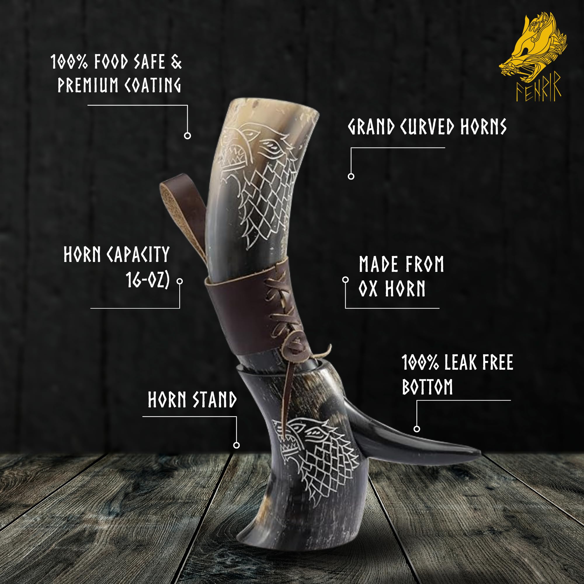Funda de cuero Fenrir para cuerno vikingo con almacenamiento seguro