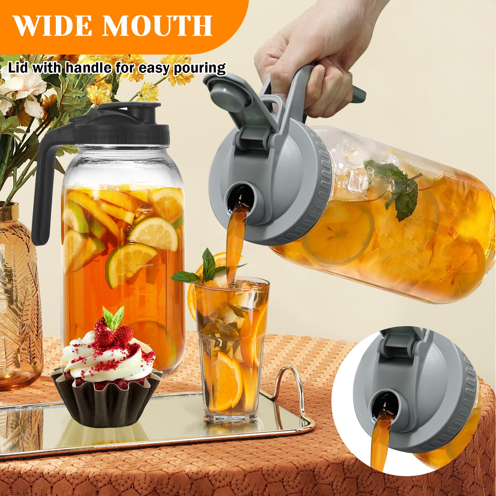 FEODSEW jarra vidrio 64oz con mango ergonómico para verter cómodo.
