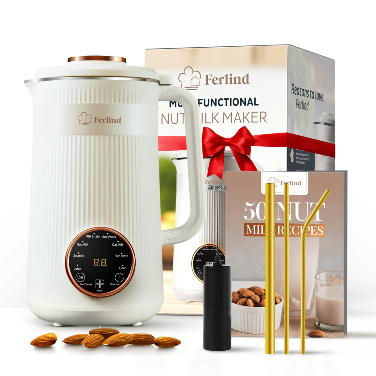 Ferlind 8-en-1 leche de nueces 32oz, vista frontal, fácil de usar.