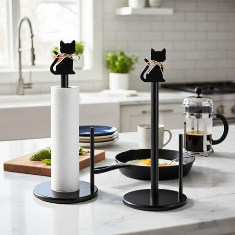 Acabado negro elegante para cocinas modernas con temática gatuna.