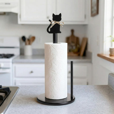 Ferrochef sostén de papel con gato negro giratorio sobre base estable.