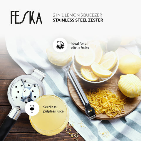 FESKA exprimidor con rallador incorporado para añadir ralladura a recetas.