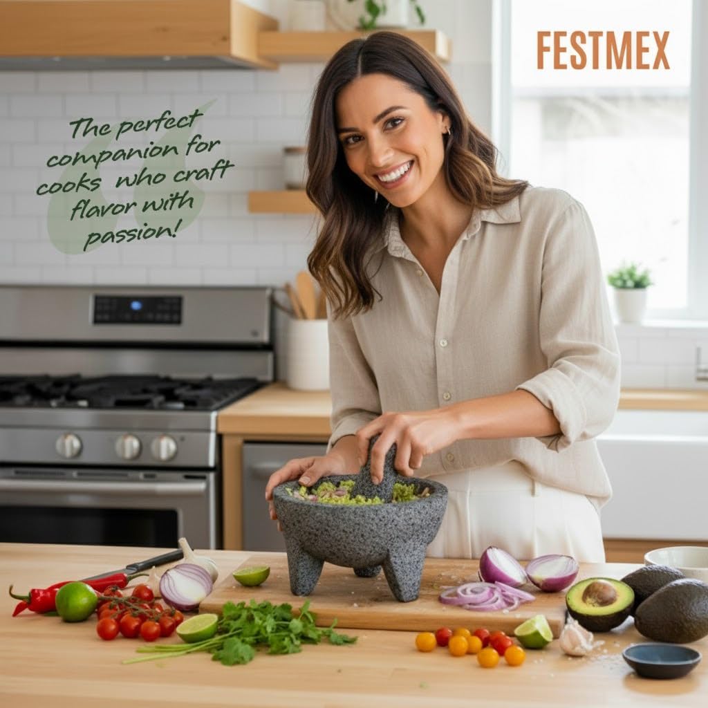 FESTMEX mortero de diámetro 21 cm para moler y realzar aromas tradicionales.